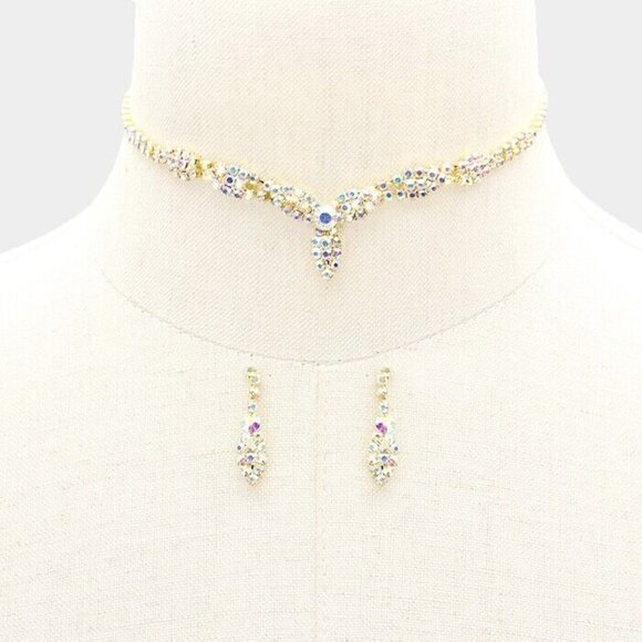 Gold Choker Necklace & Earring Set - Multicolored Crystals‎ - Picture 4 of 7